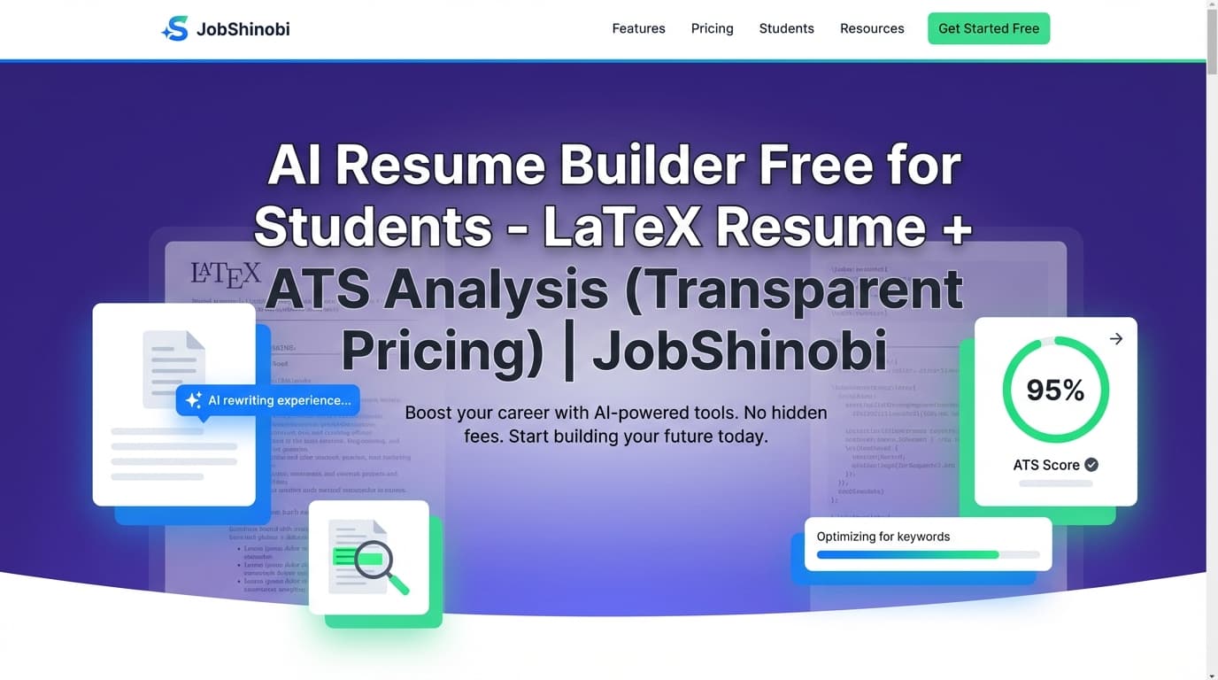 AI Resume Builder Free for Students - LaTeX Resume + ATS Analysis (Transparent Pricing) | JobShinobi